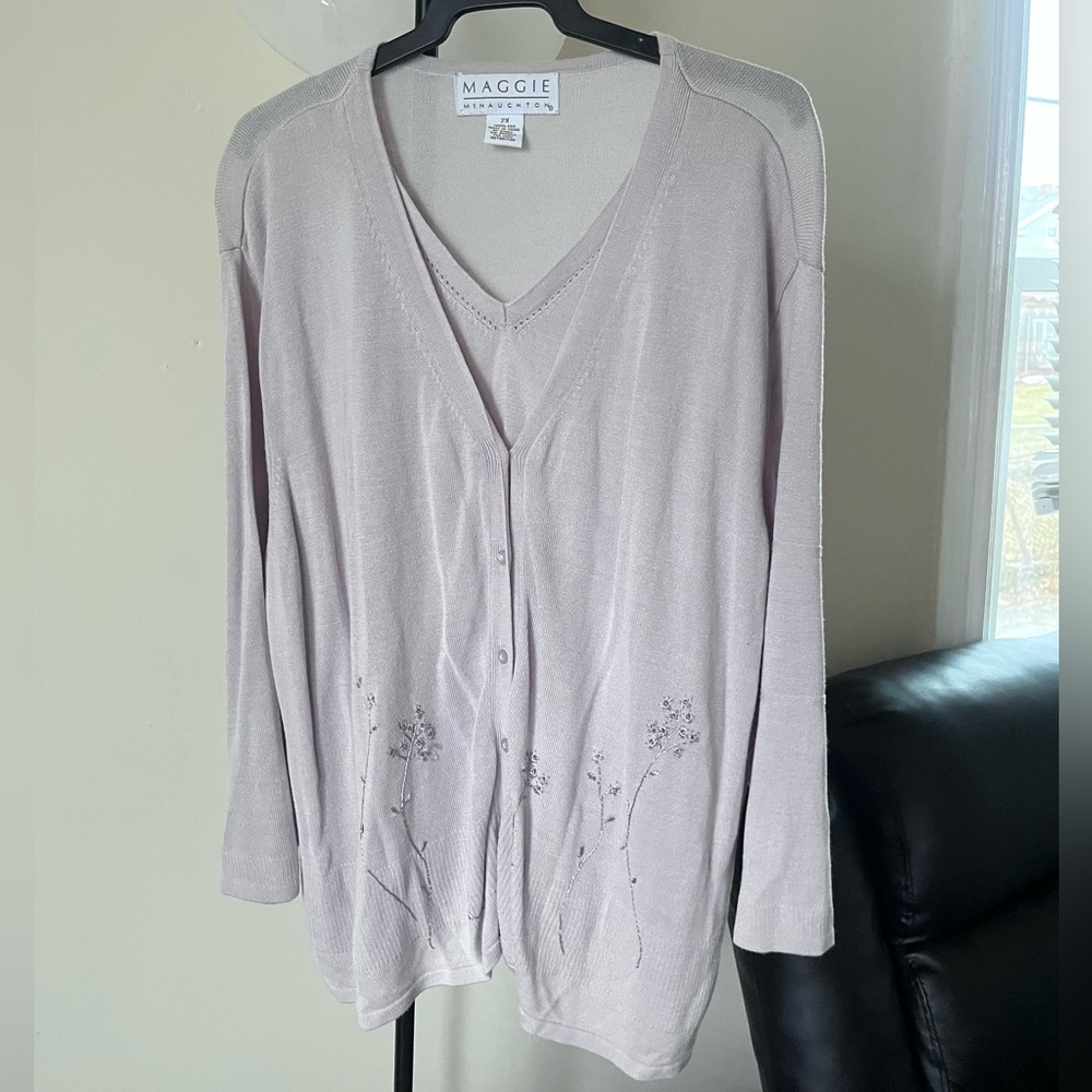 Maggie Lilac Cottagecore 100% Silk feminine embroidered cardigan  Sweater 2X